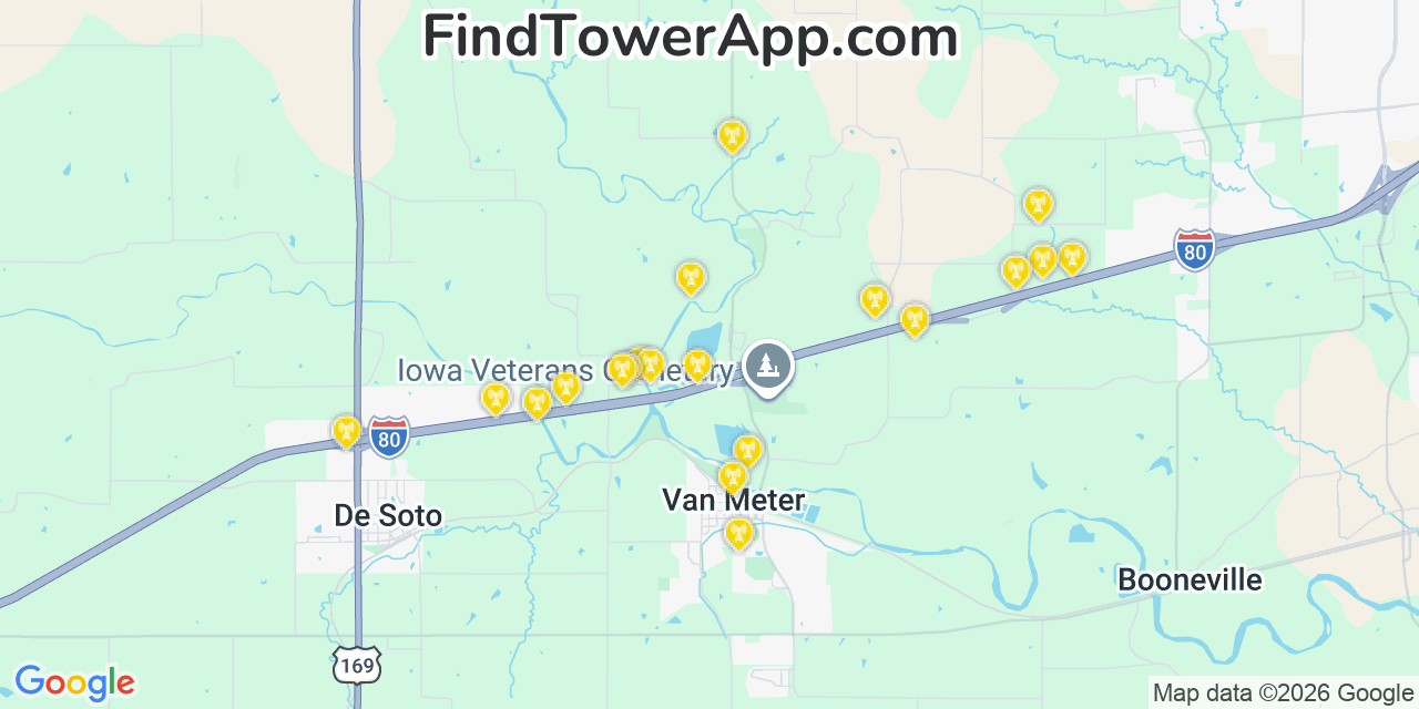 Map showing the 20 primary cell tower locations detected in Van Meter, Iowa from AT&T, Verizon, and T-Mobile networks