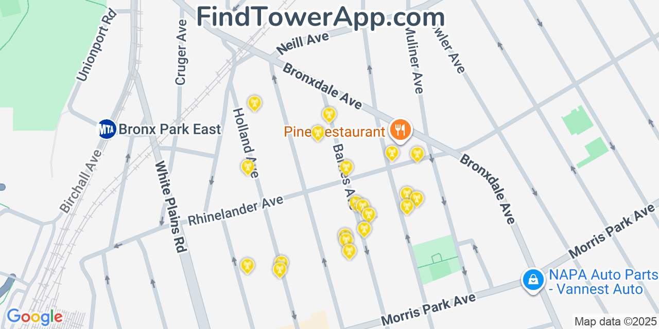 Map showing the 20 primary cell tower locations detected in Van Nest, New York from AT&T, Verizon, and T-Mobile networks