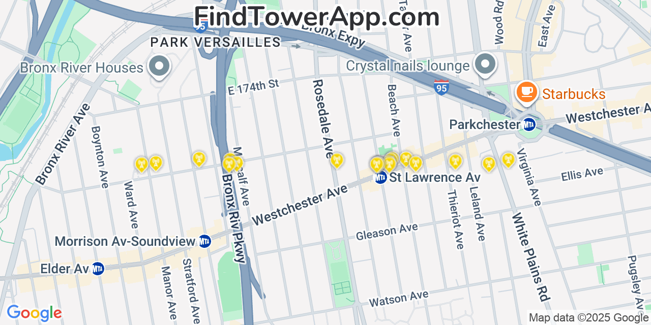 Map showing the 20 primary cell tower locations detected in Van Nest, New York from AT&T, Verizon, and T-Mobile networks