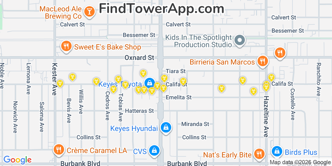 Map showing the 20 primary cell tower locations detected in Van Nuys, California from AT&T, Verizon, and T-Mobile networks