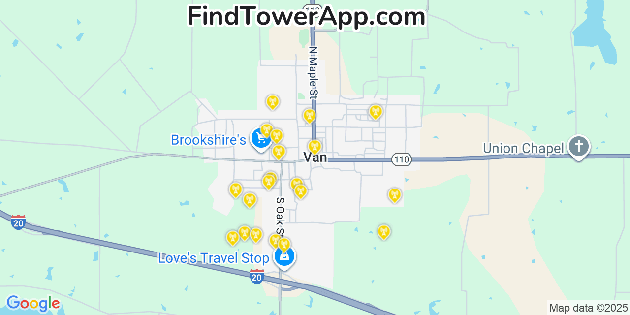 Map showing the 20 primary cell tower locations detected in Van, Texas from AT&T, Verizon, and T-Mobile networks