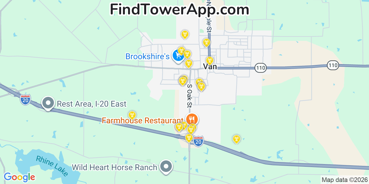 Map showing the 20 primary cell tower locations detected in Van, Texas from AT&T, Verizon, and T-Mobile networks