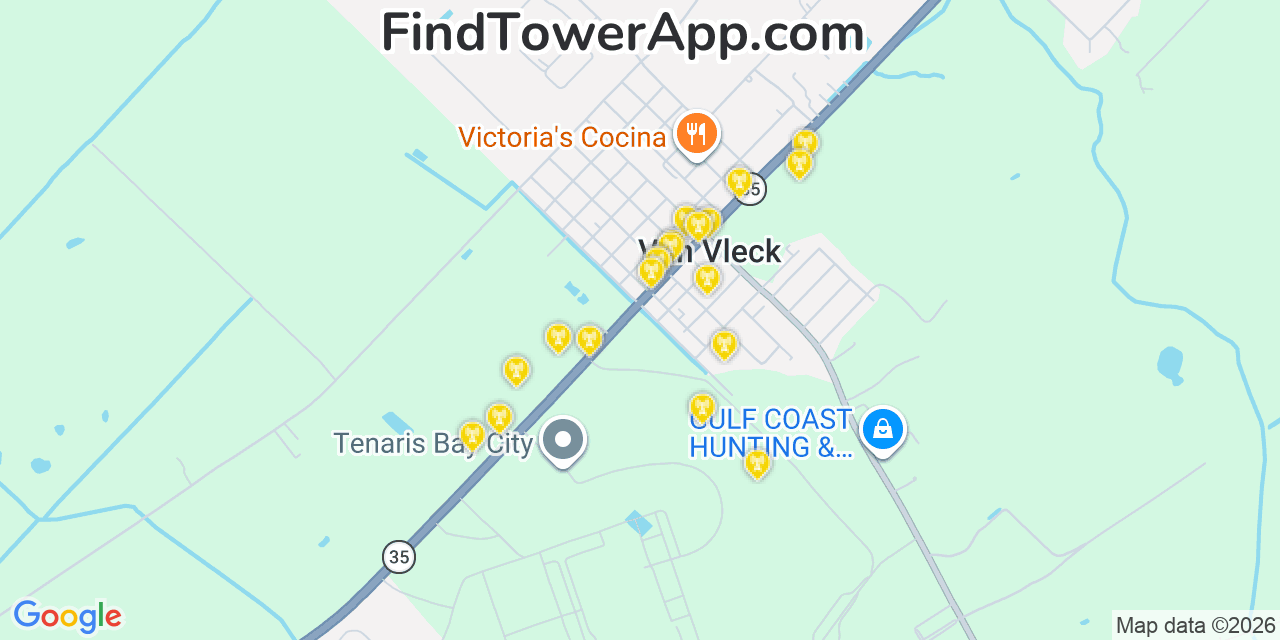 Map showing the 20 primary cell tower locations detected in Van Vleck, Texas from AT&T, Verizon, and T-Mobile networks
