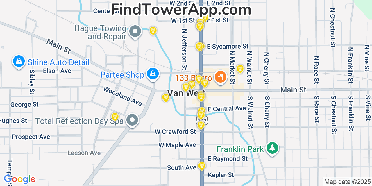Map showing the 20 primary cell tower locations detected in Van Wert, Ohio from AT&T, Verizon, and T-Mobile networks