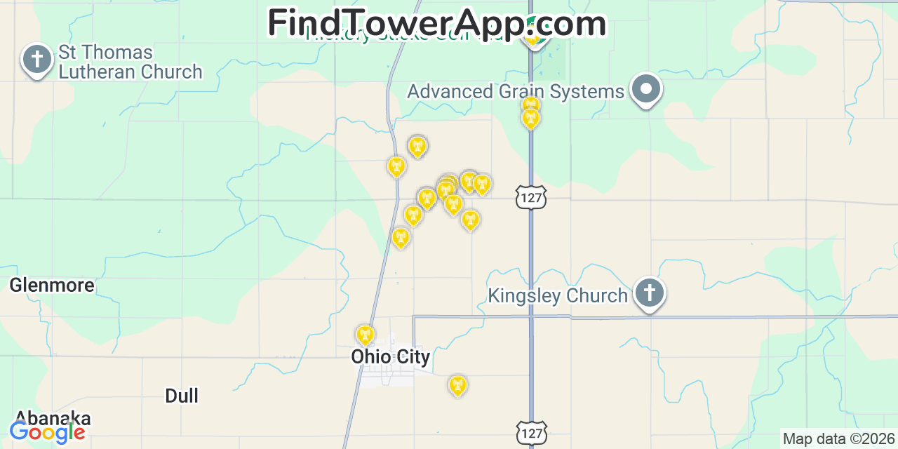 Map showing the 20 primary cell tower locations detected in Van Wert, Ohio from AT&T, Verizon, and T-Mobile networks