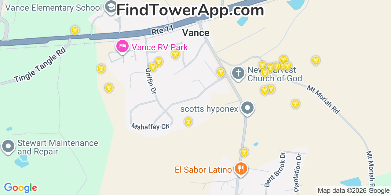 Map showing the 20 primary cell tower locations detected in Vance, Alabama from AT&T, Verizon, and T-Mobile networks