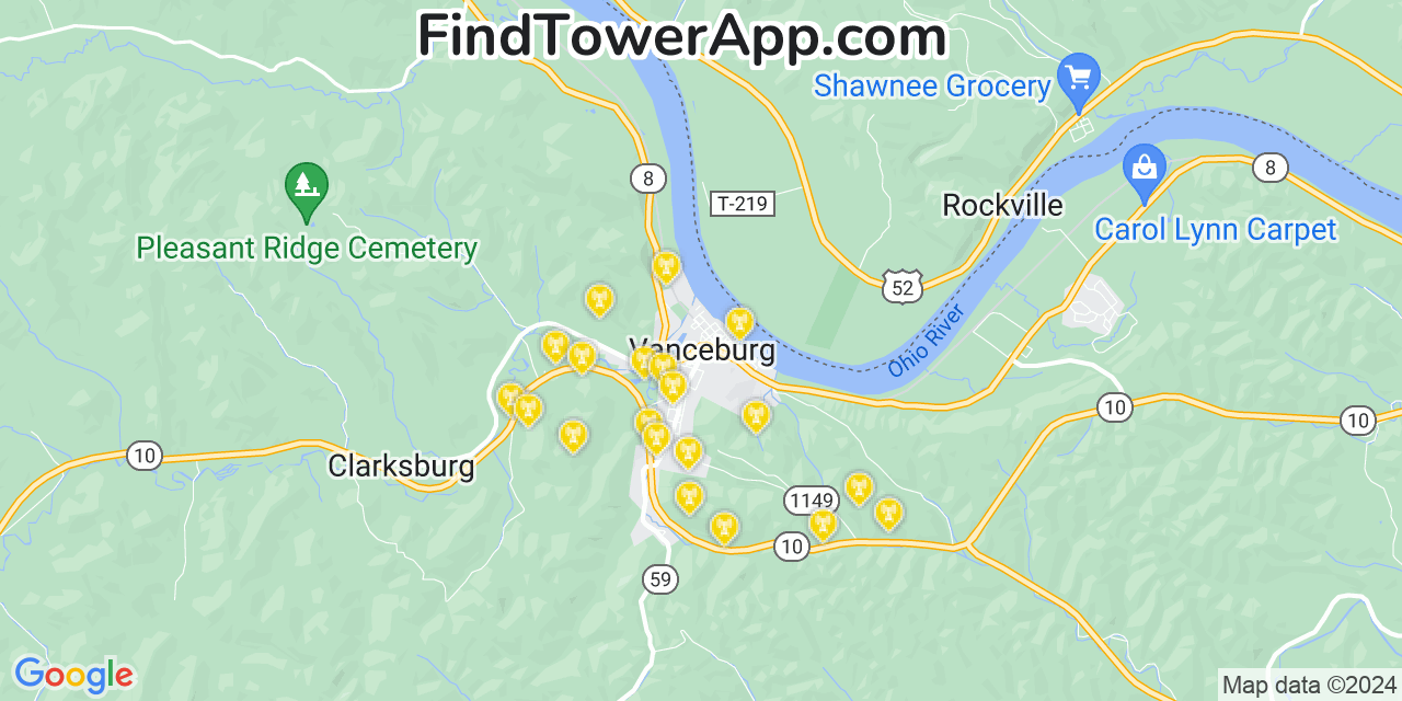 AT&T 4G/5G cell tower coverage map Vanceburg, Kentucky