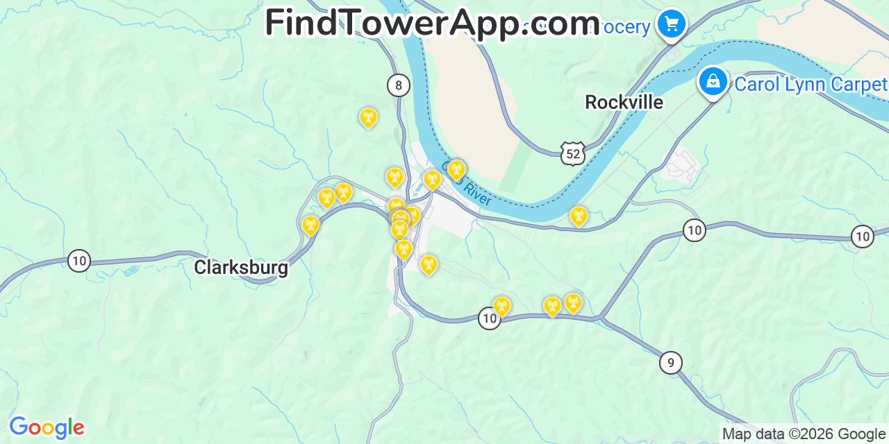 Map showing the 20 primary cell tower locations detected in Vanceburg, Kentucky from AT&T, Verizon, and T-Mobile networks