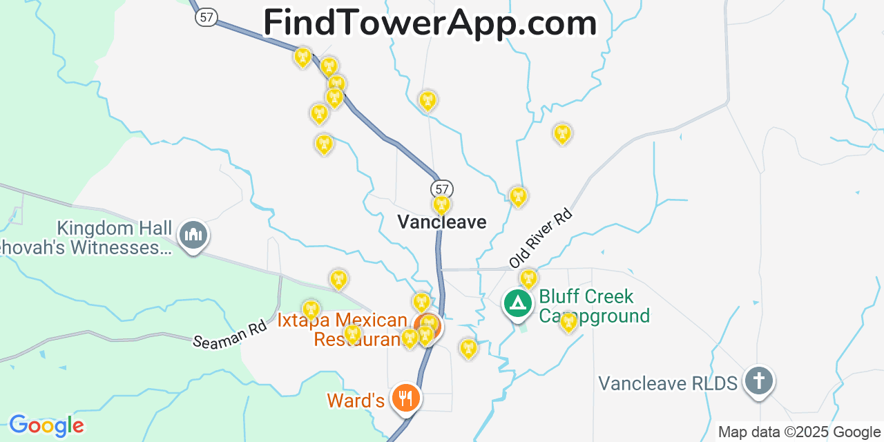 Map showing the 20 primary cell tower locations detected in Vancleave, Mississippi from AT&T, Verizon, and T-Mobile networks
