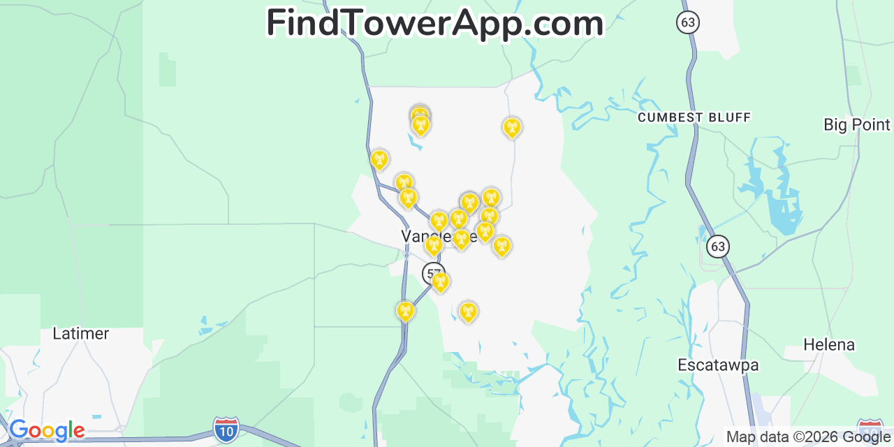 Map showing the 20 primary cell tower locations detected in Vancleave, Mississippi from AT&T, Verizon, and T-Mobile networks