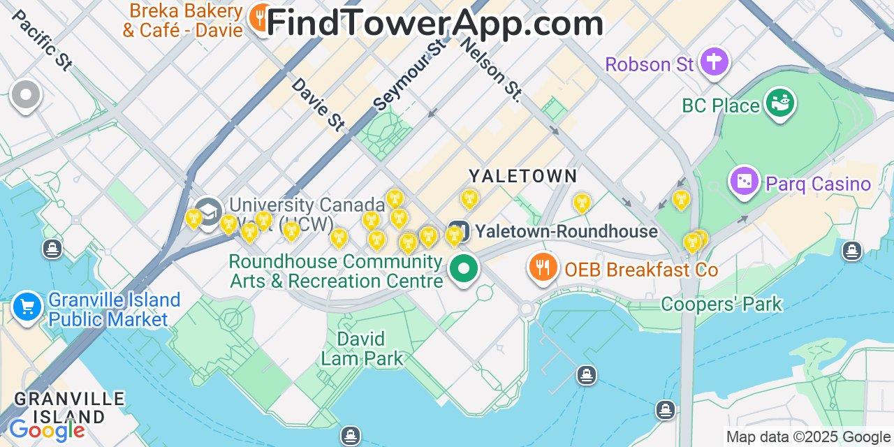 Map showing the 0 primary Freedom cell tower locations detected in Vancouver, Canada with coverage radius and signal strength indicators
