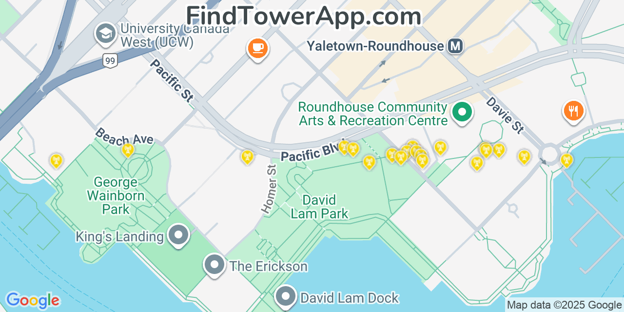 Map showing the 20 primary cell tower locations detected in Vancouver, Canada with coverage areas and signal strength