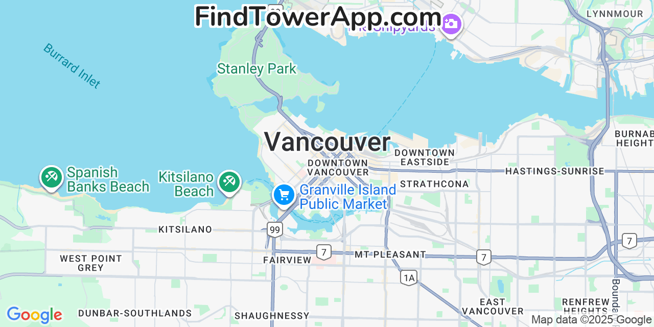 Map showing the 0 primary Rogers cell tower locations detected in Vancouver, Canada with coverage radius and signal strength indicators