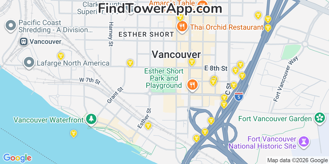 Map showing the 20 primary cell tower locations detected in Vancouver, Washington from AT&T, Verizon, and T-Mobile networks