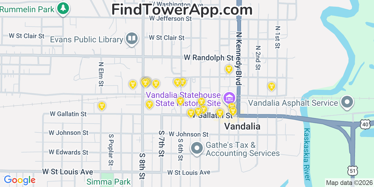 Map showing the 20 primary cell tower locations detected in Vandalia, Illinois from AT&T, Verizon, and T-Mobile networks