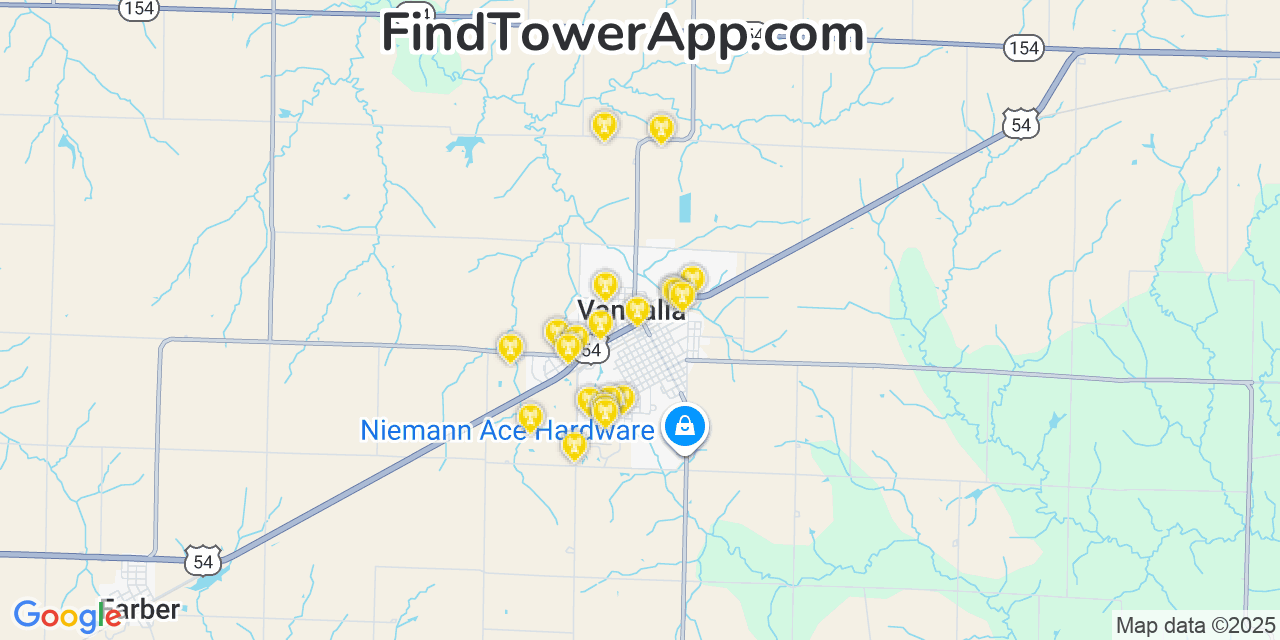 Map showing the 20 primary cell tower locations detected in Vandalia, Missouri from AT&T, Verizon, and T-Mobile networks