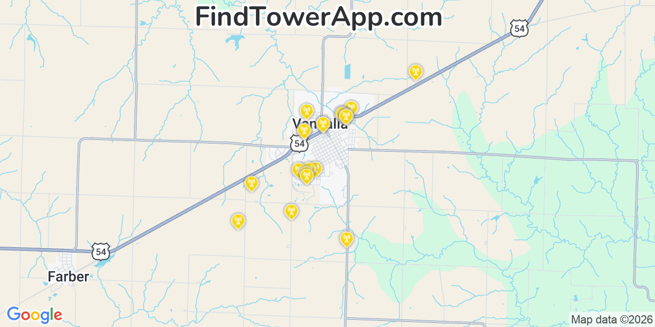 Map showing the 20 primary cell tower locations detected in Vandalia, Missouri from AT&T, Verizon, and T-Mobile networks