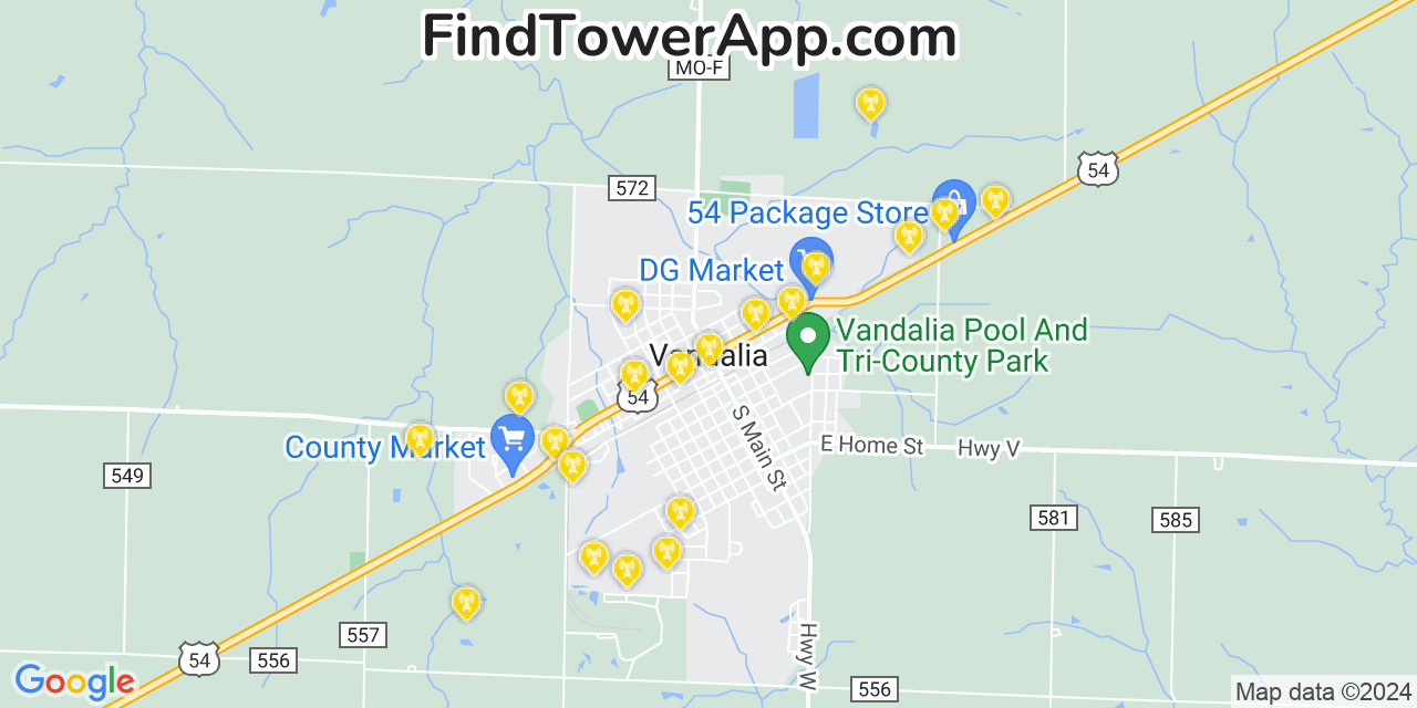 Verizon 4G/5G cell tower coverage map Vandalia, Missouri