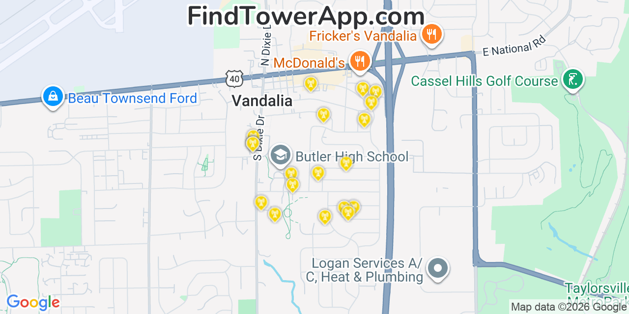 Map showing the 20 primary cell tower locations detected in Vandalia, Ohio from AT&T, Verizon, and T-Mobile networks