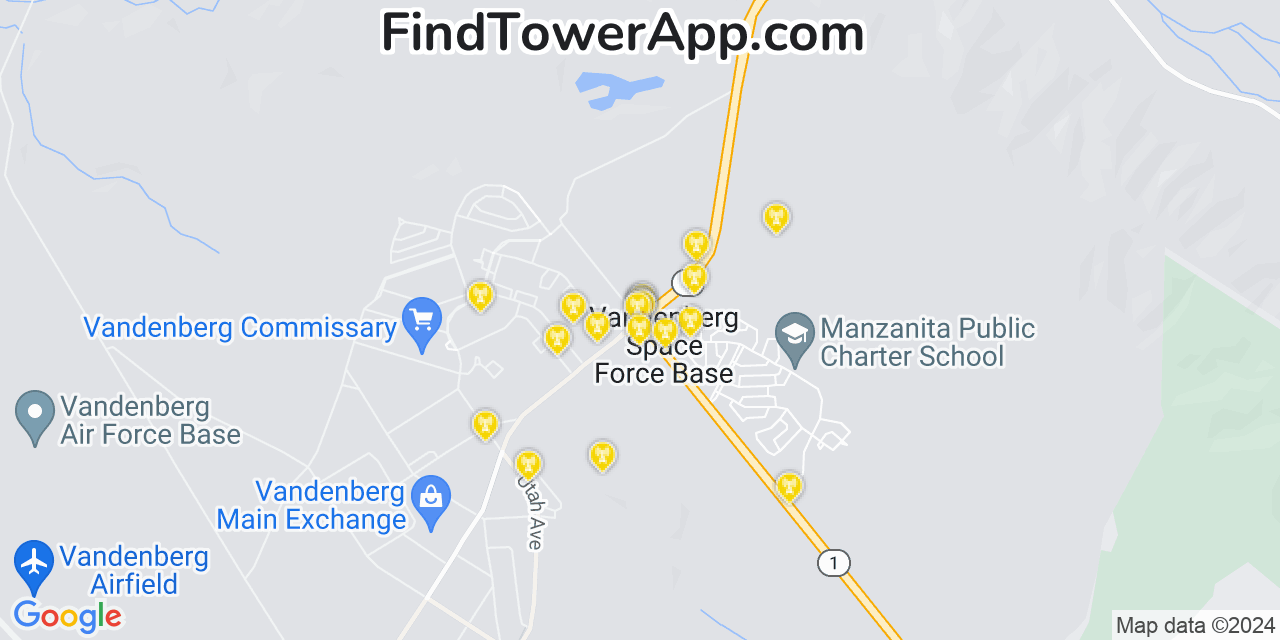 AT&T 4G/5G cell tower coverage map Vandenberg Air Force Base, California