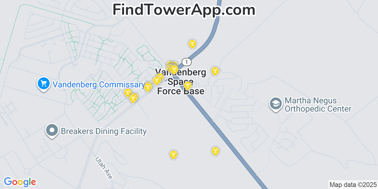 Map showing the 20 primary cell tower locations detected in Vandenberg Air Force Base, California from AT&T, Verizon, and T-Mobile networks