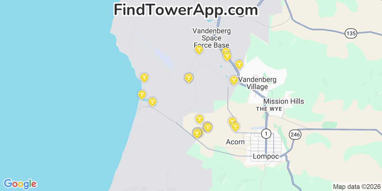 Map showing the 20 primary cell tower locations detected in Vandenberg Air Force Base, California from AT&T, Verizon, and T-Mobile networks