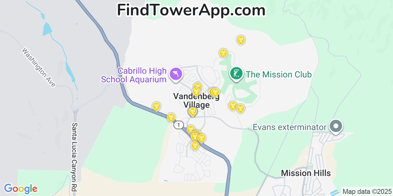 Map showing the 20 primary cell tower locations detected in Vandenberg Village, California from AT&T, Verizon, and T-Mobile networks