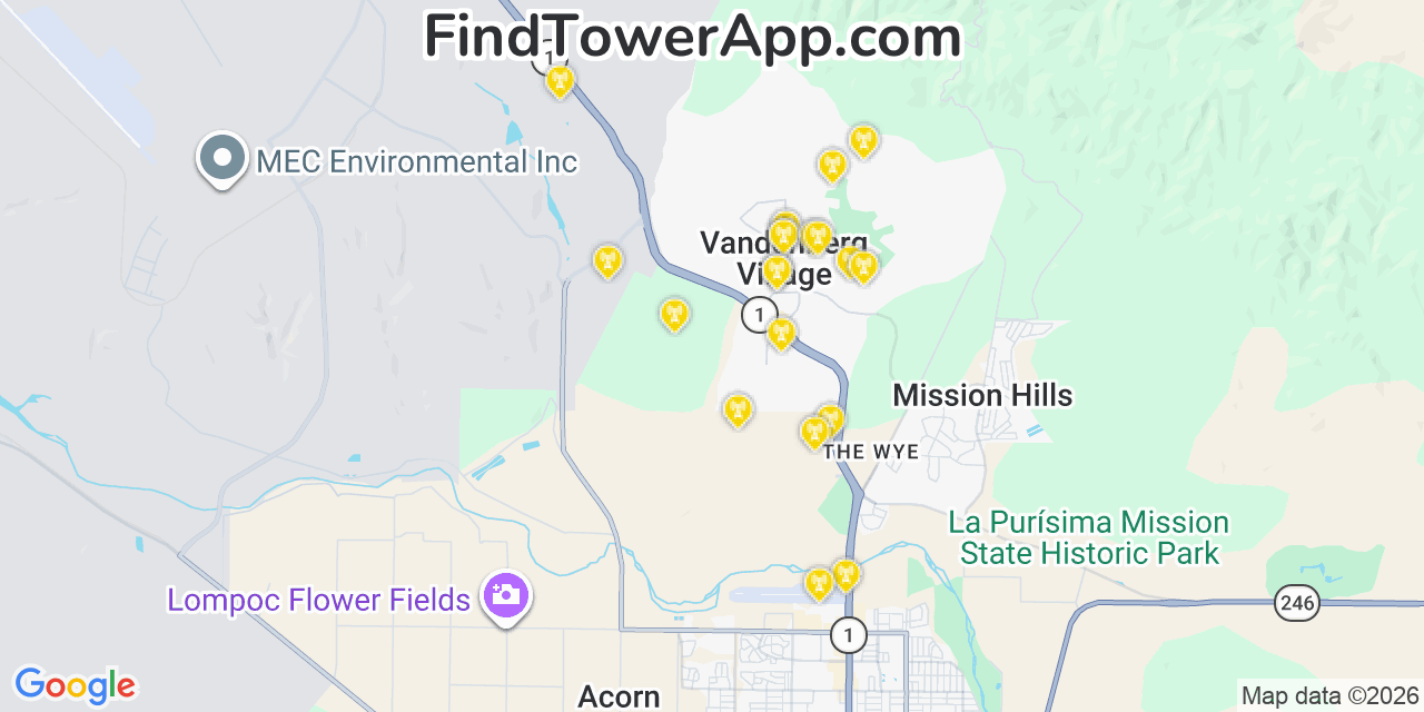 Map showing the 20 primary cell tower locations detected in Vandenberg Village, California from AT&T, Verizon, and T-Mobile networks