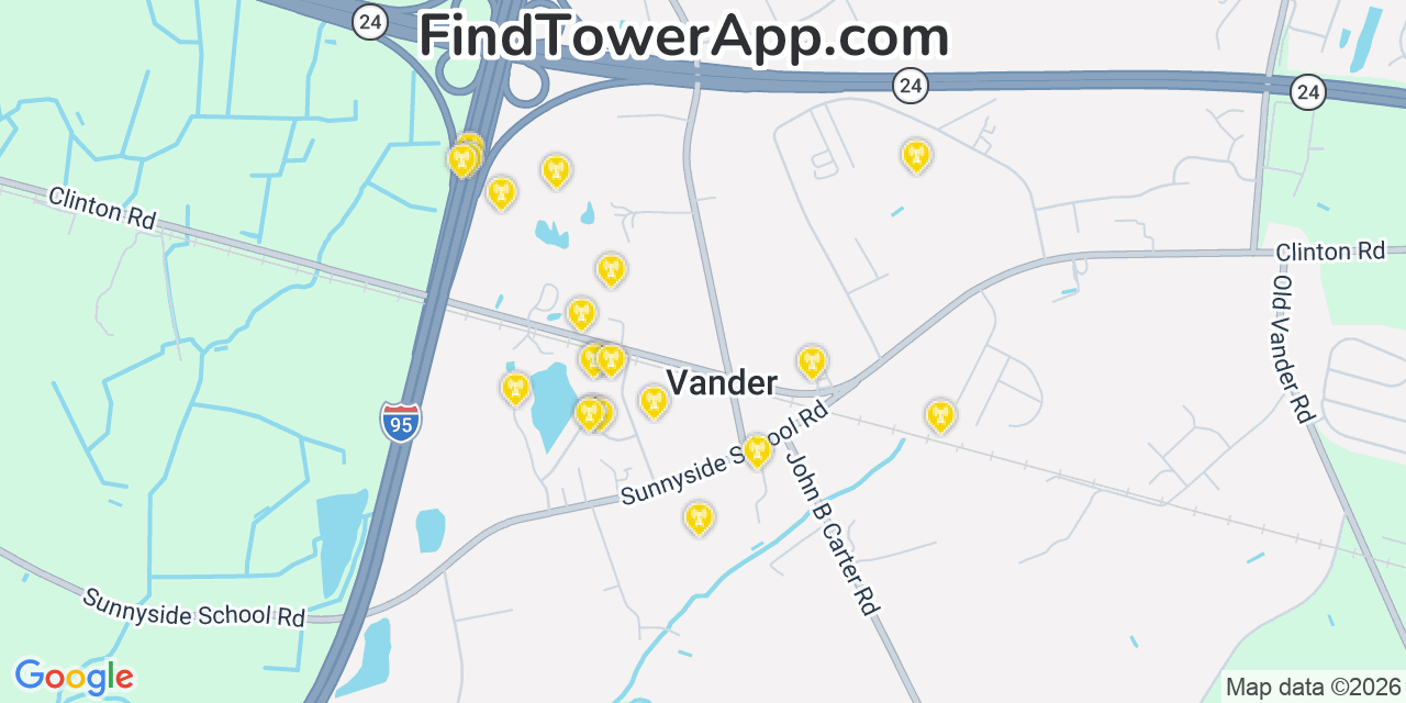 Map showing the 20 primary cell tower locations detected in Vander, North Carolina from AT&T, Verizon, and T-Mobile networks