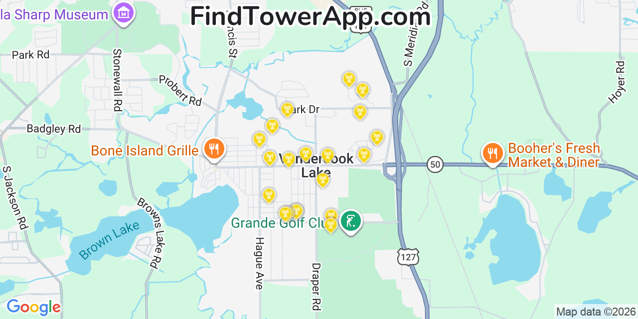Map showing the 20 primary cell tower locations detected in Vandercook Lake, Michigan from AT&T, Verizon, and T-Mobile networks
