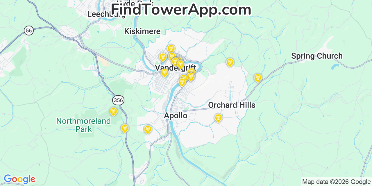 Map showing the 20 primary cell tower locations detected in Vandergrift, Pennsylvania from AT&T, Verizon, and T-Mobile networks