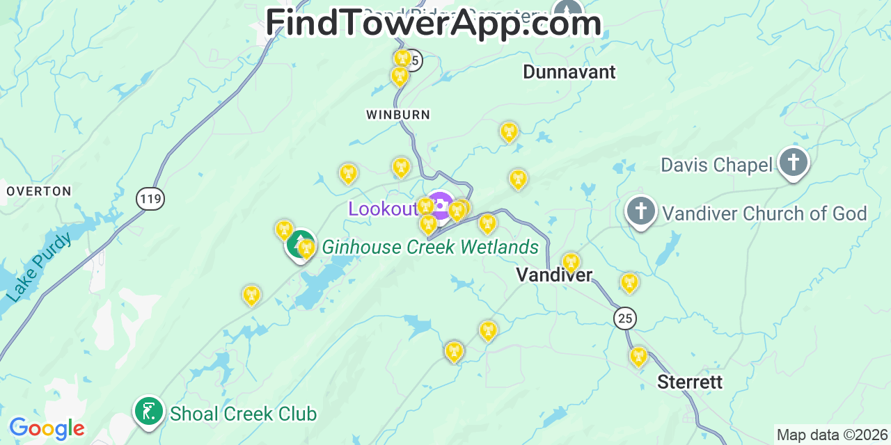Map showing the 20 primary cell tower locations detected in Vandiver, Alabama from AT&T, Verizon, and T-Mobile networks