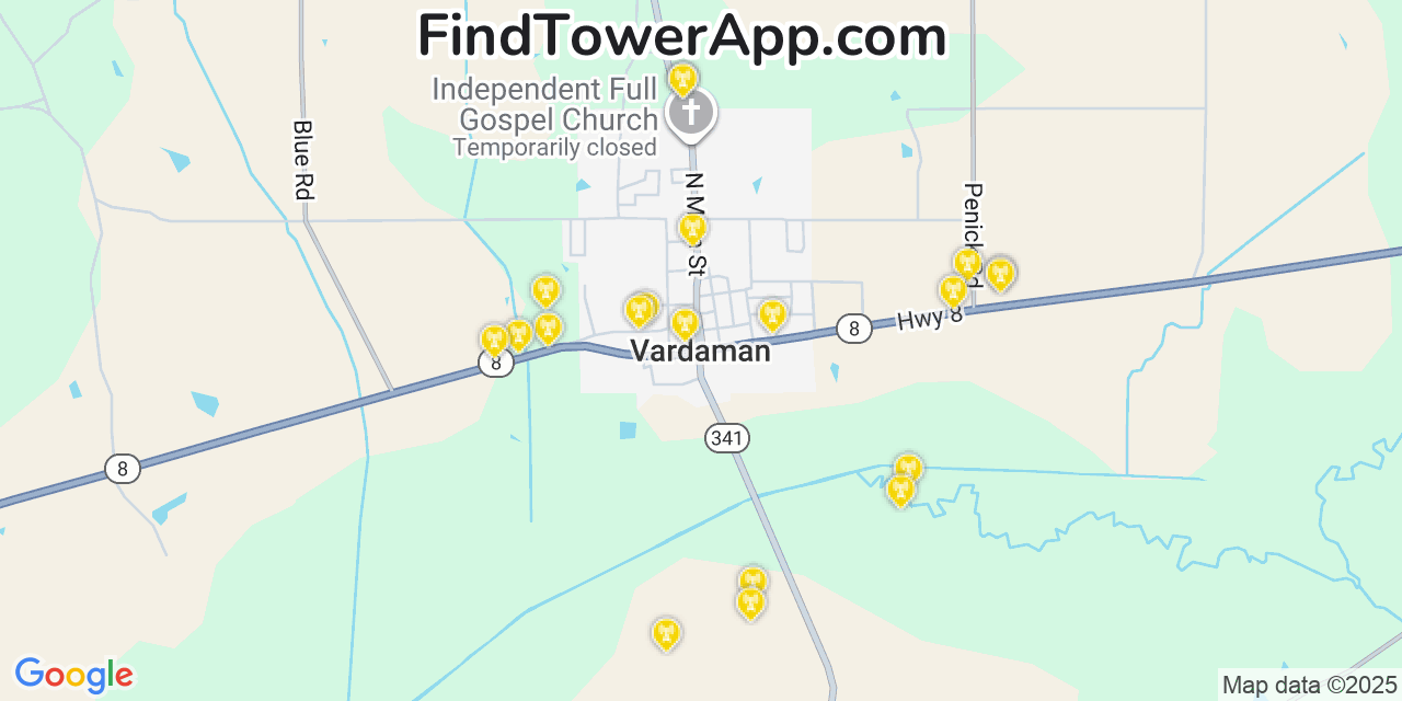 Map showing the 20 primary cell tower locations detected in Vardaman, Mississippi from AT&T, Verizon, and T-Mobile networks