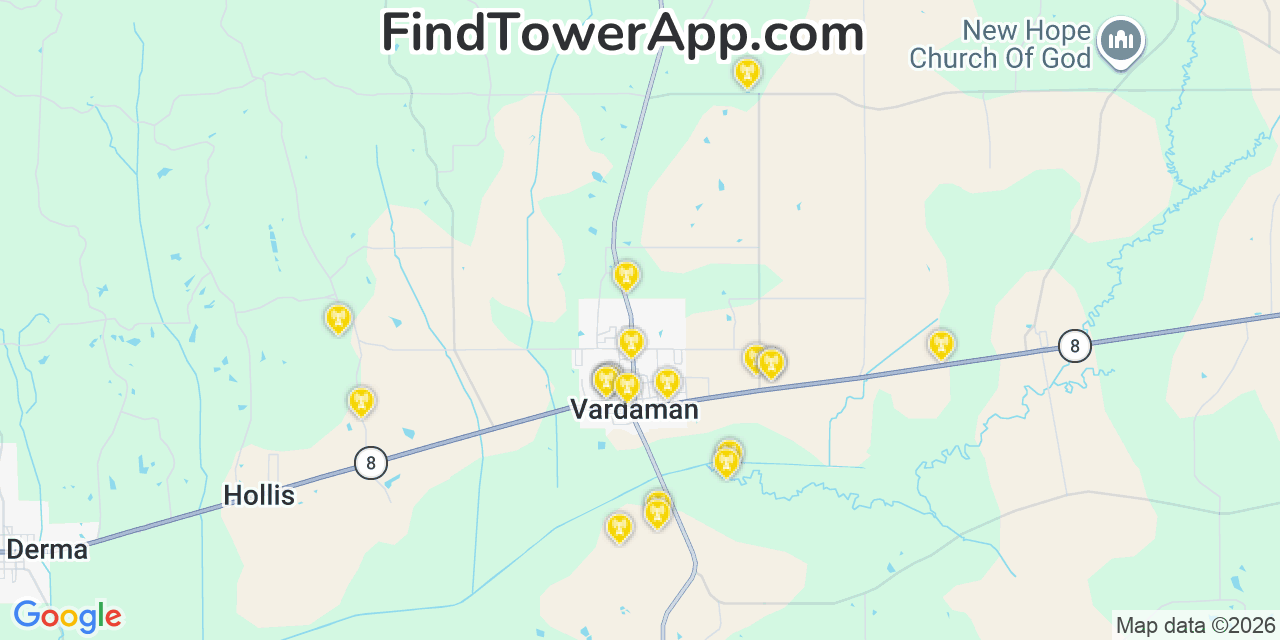 Map showing the 20 primary cell tower locations detected in Vardaman, Mississippi from AT&T, Verizon, and T-Mobile networks