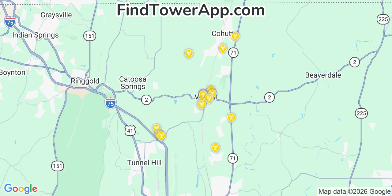 Map showing the 20 primary cell tower locations detected in Varnell, Georgia from AT&T, Verizon, and T-Mobile networks
