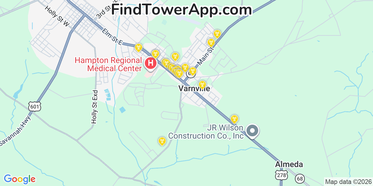 Map showing the 20 primary cell tower locations detected in Varnville, South Carolina from AT&T, Verizon, and T-Mobile networks