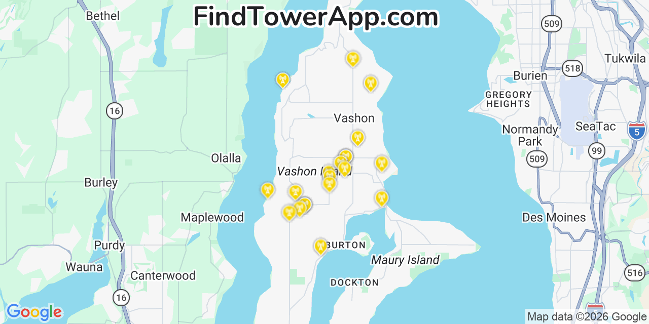 Map showing the 20 primary cell tower locations detected in Vashon, Washington from AT&T, Verizon, and T-Mobile networks