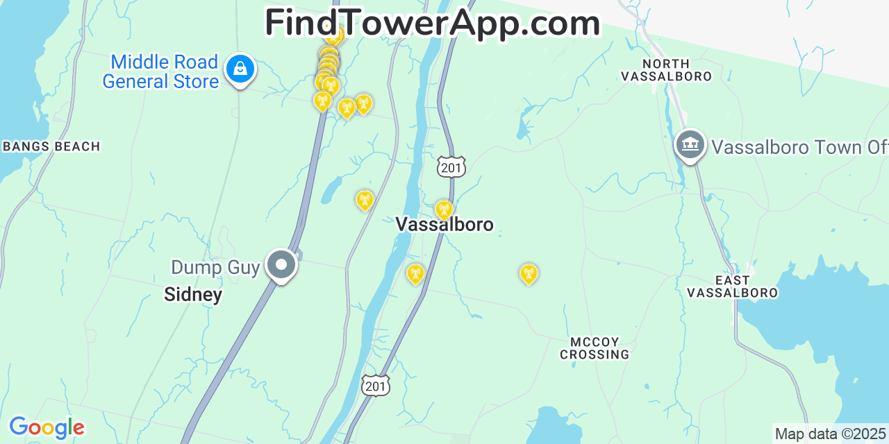 Map showing the 20 primary cell tower locations detected in Vassalboro, Maine from AT&T, Verizon, and T-Mobile networks