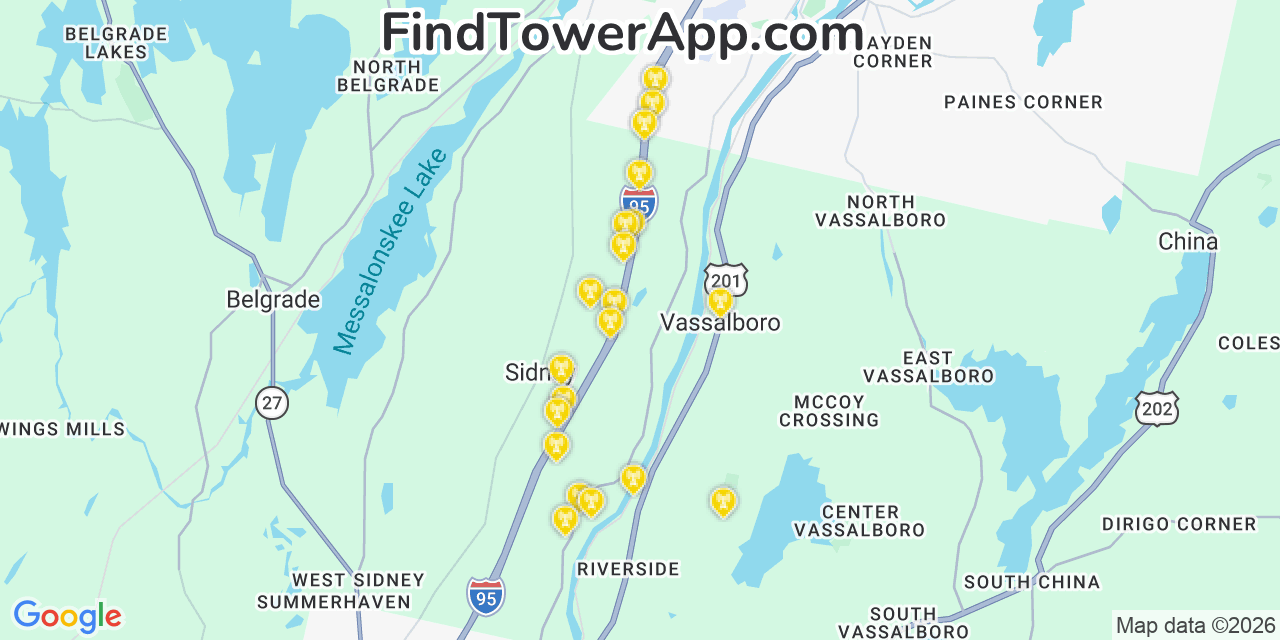 Map showing the 20 primary cell tower locations detected in Vassalboro, Maine from AT&T, Verizon, and T-Mobile networks