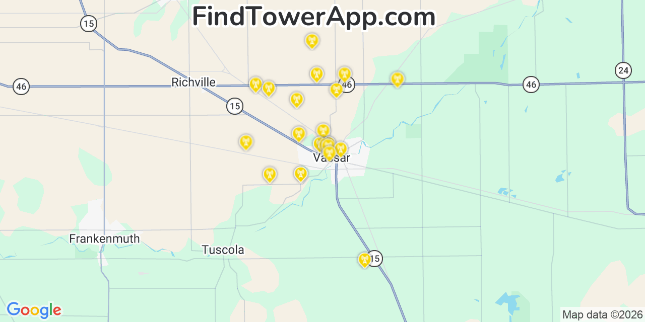 Map showing the 20 primary cell tower locations detected in Vassar, Michigan from AT&T, Verizon, and T-Mobile networks