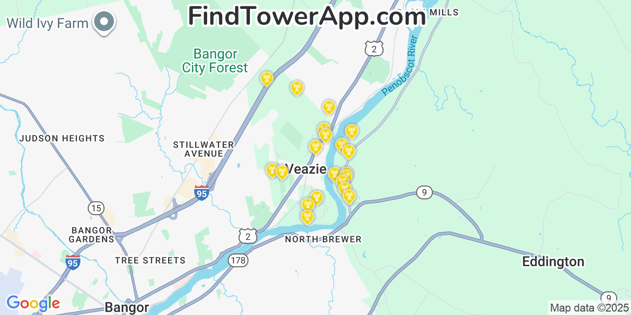 Map showing the 20 primary cell tower locations detected in Veazie, Maine from AT&T, Verizon, and T-Mobile networks