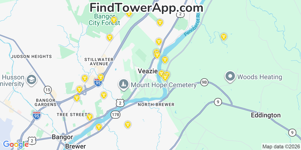 Map showing the 20 primary cell tower locations detected in Veazie, Maine from AT&T, Verizon, and T-Mobile networks