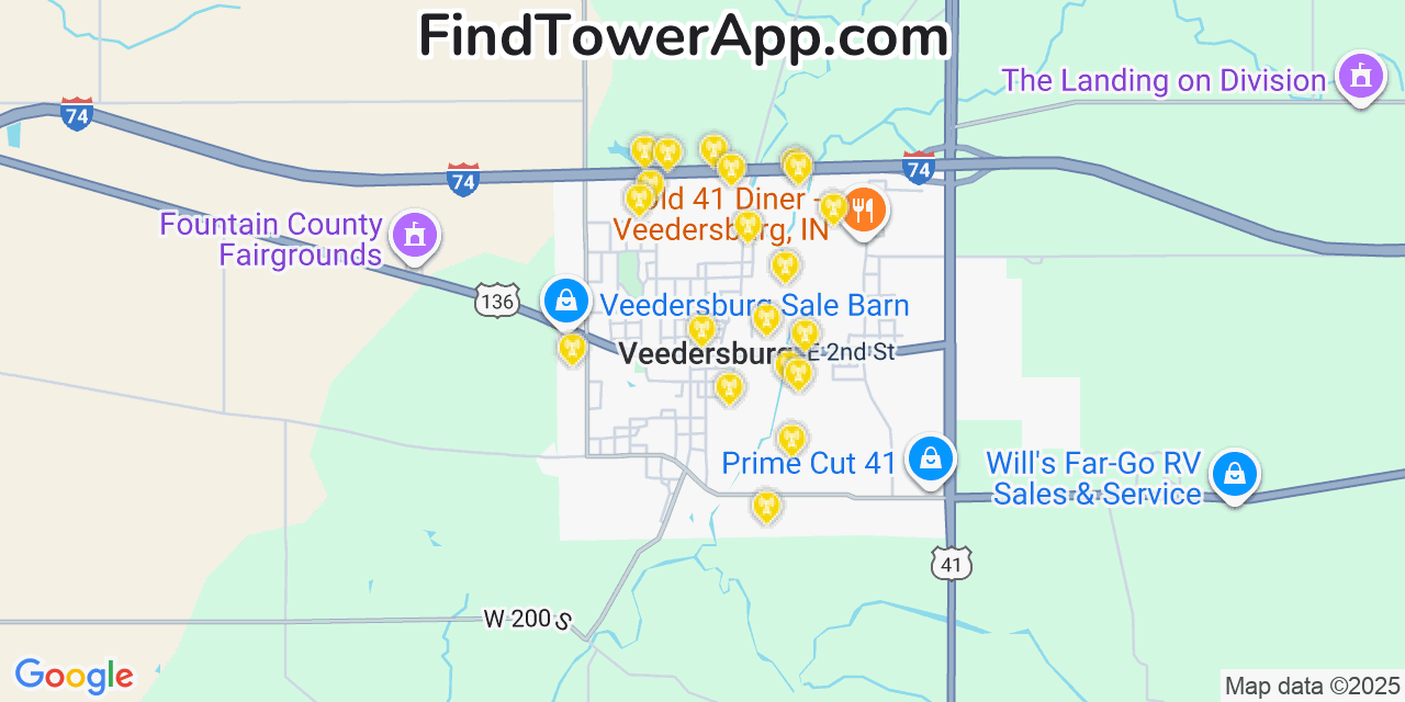 Map showing the 20 primary cell tower locations detected in Veedersburg, Indiana from AT&T, Verizon, and T-Mobile networks