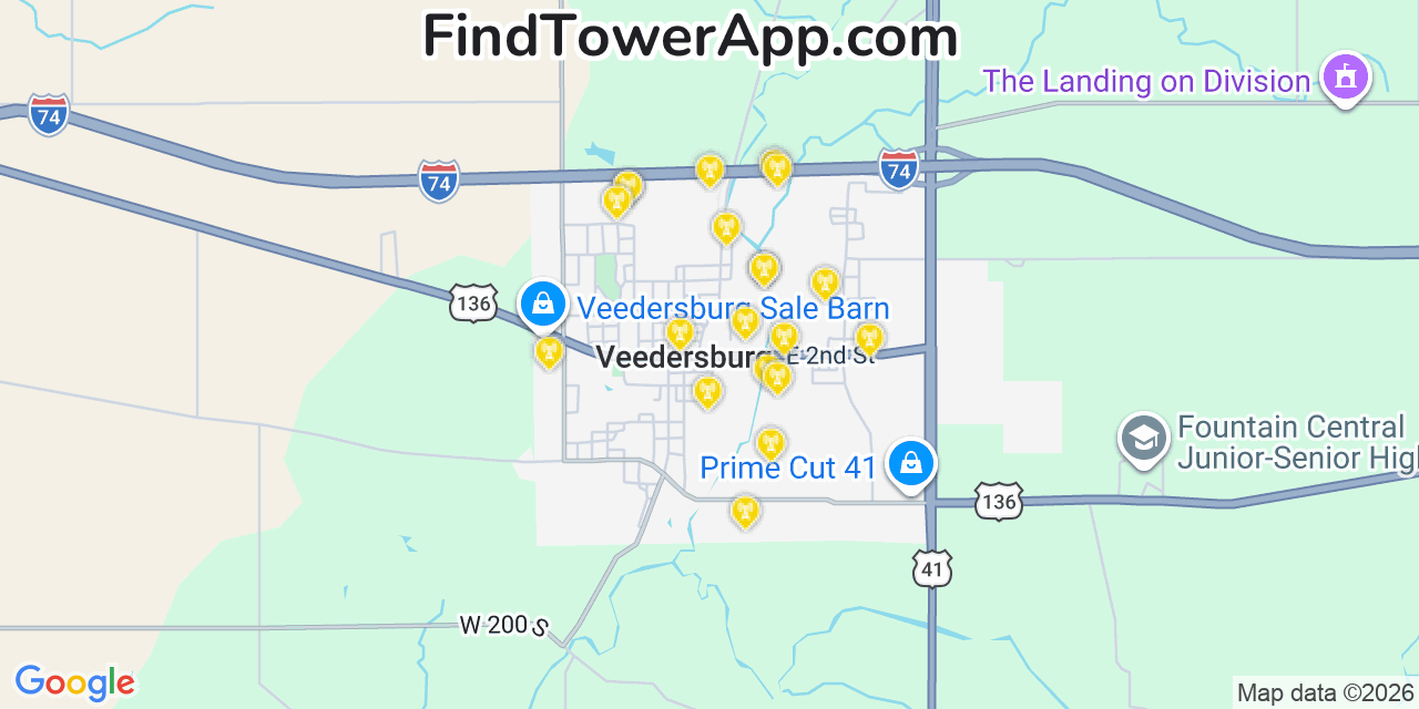 Map showing the 20 primary cell tower locations detected in Veedersburg, Indiana from AT&T, Verizon, and T-Mobile networks