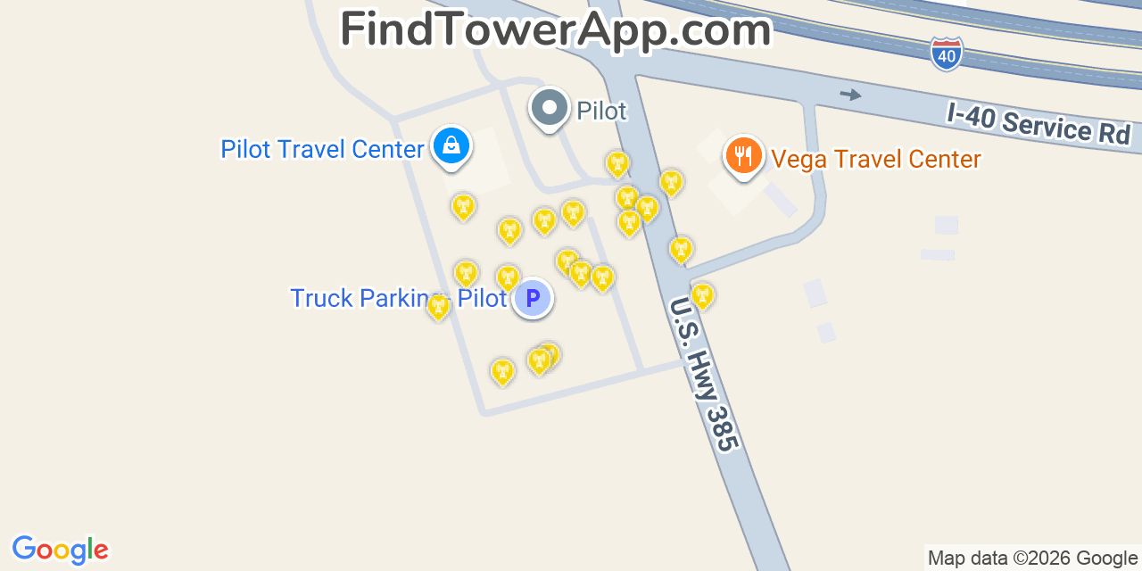 Map showing the 20 primary cell tower locations detected in Vega, Texas from AT&T, Verizon, and T-Mobile networks