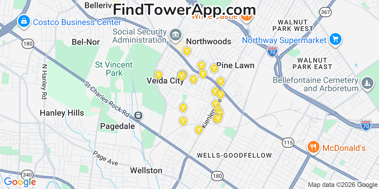 Map showing the 20 primary cell tower locations detected in Velda Village Hills, Missouri from AT&T, Verizon, and T-Mobile networks