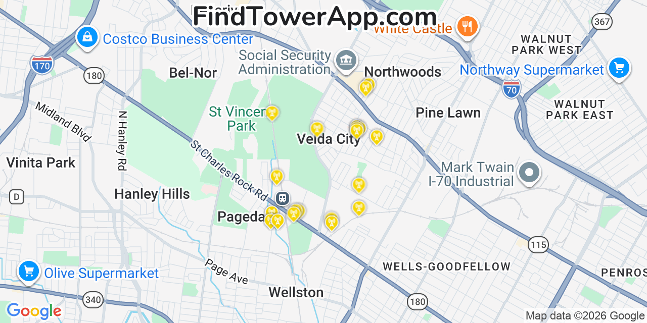 Map showing the 20 primary cell tower locations detected in Velda Village, Missouri from AT&T, Verizon, and T-Mobile networks