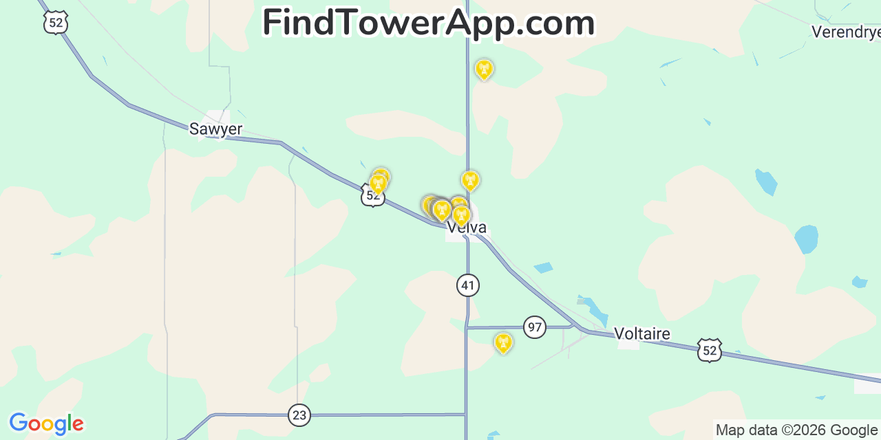 Map showing the 20 primary cell tower locations detected in Velva, North Dakota from AT&T, Verizon, and T-Mobile networks