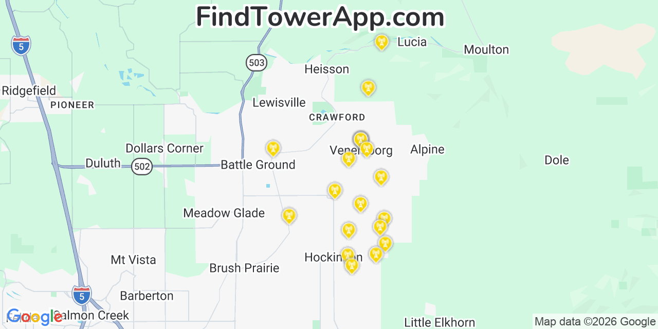 Map showing the 20 primary cell tower locations detected in Venersborg, Washington from AT&T, Verizon, and T-Mobile networks
