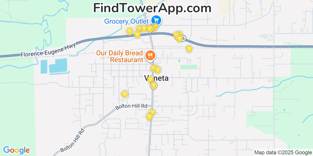 Map showing the 20 primary cell tower locations detected in Veneta, Oregon from AT&T, Verizon, and T-Mobile networks
